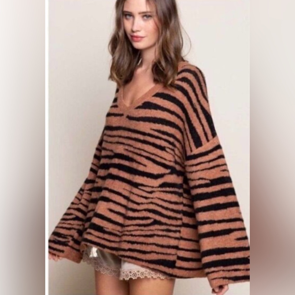 POL Striped Bell Sleeve V-Neck Sweater